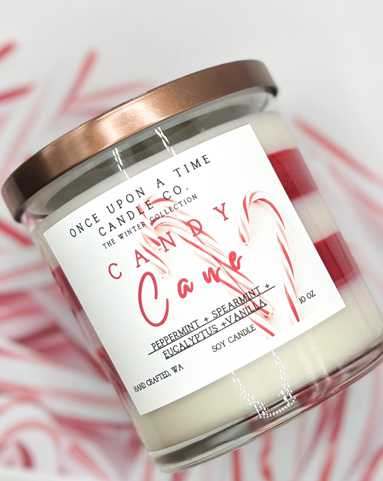 Candy Cane Soy Wax Candle - Peppermint, Eucalyptus, and Vanilla